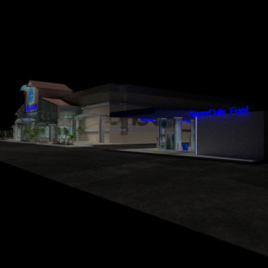 SuperCuts Fuel Station(Prop Set for Poser) rendered with optional SuperStore and Landscape prop sets