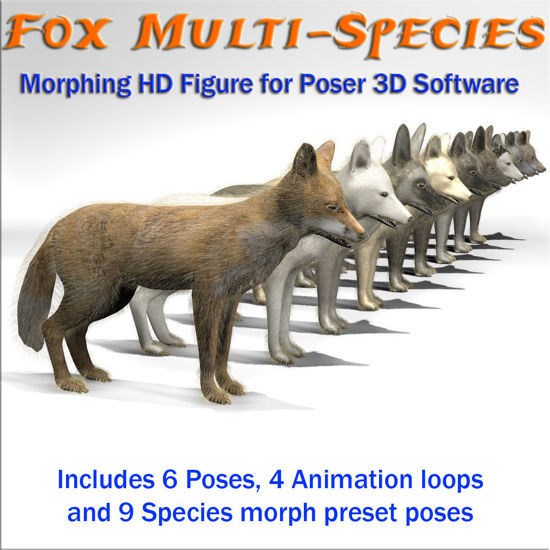 	Fox multi-species morphing animated 3d figure for Poser and DS 3d Studio