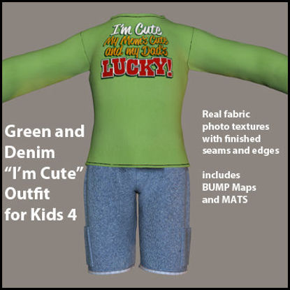 Picture of Green and Denim "I'm Cute" Outfit for DAZ Kids 4