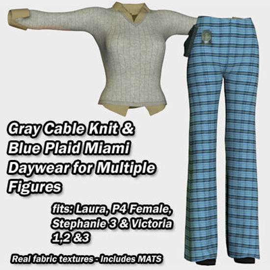 Picture of Gray Cable Knit and Blue Plaid Miami Day wear for Multiple Figures - Material Pack Add-On for Miami Day Wear