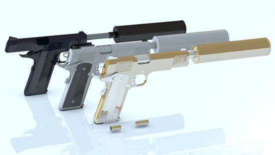 Picture of Three .45 Pistol Models - Dark, Silver and Gangsta with Silencers - Poser and DAz Studio Format