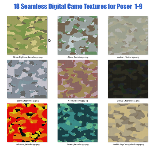 1-9 Seamless Camo Fabric Textures for Poser